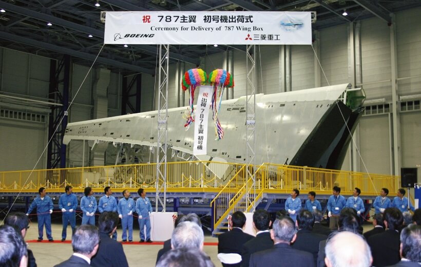 2007 年，在名古屋航空航天系統(tǒng)制造廠舉行了
波音787機型使用首架機翼出廠儀式
